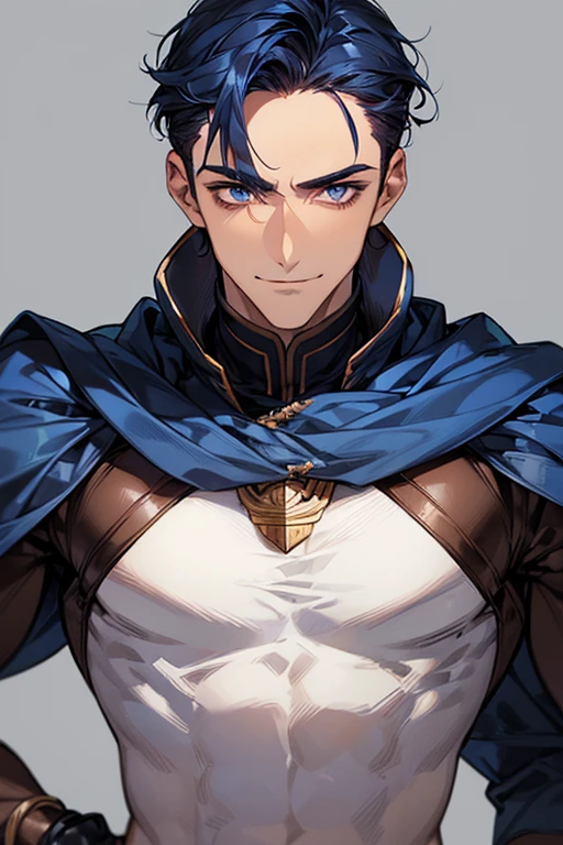 ((muste piece)), ((best quality)), ((brown skin)), ((dark blue eyes)), ((Dark blue hair))、handsome man , ((very very short hair、No bangs、Forehead、all back)), masculine、tall、sexy、Adult man、Three white eyes、handsome man、Kowamote、firmly、muscular、broad shoulders、smile、wild、とてもwild、Angle from top
