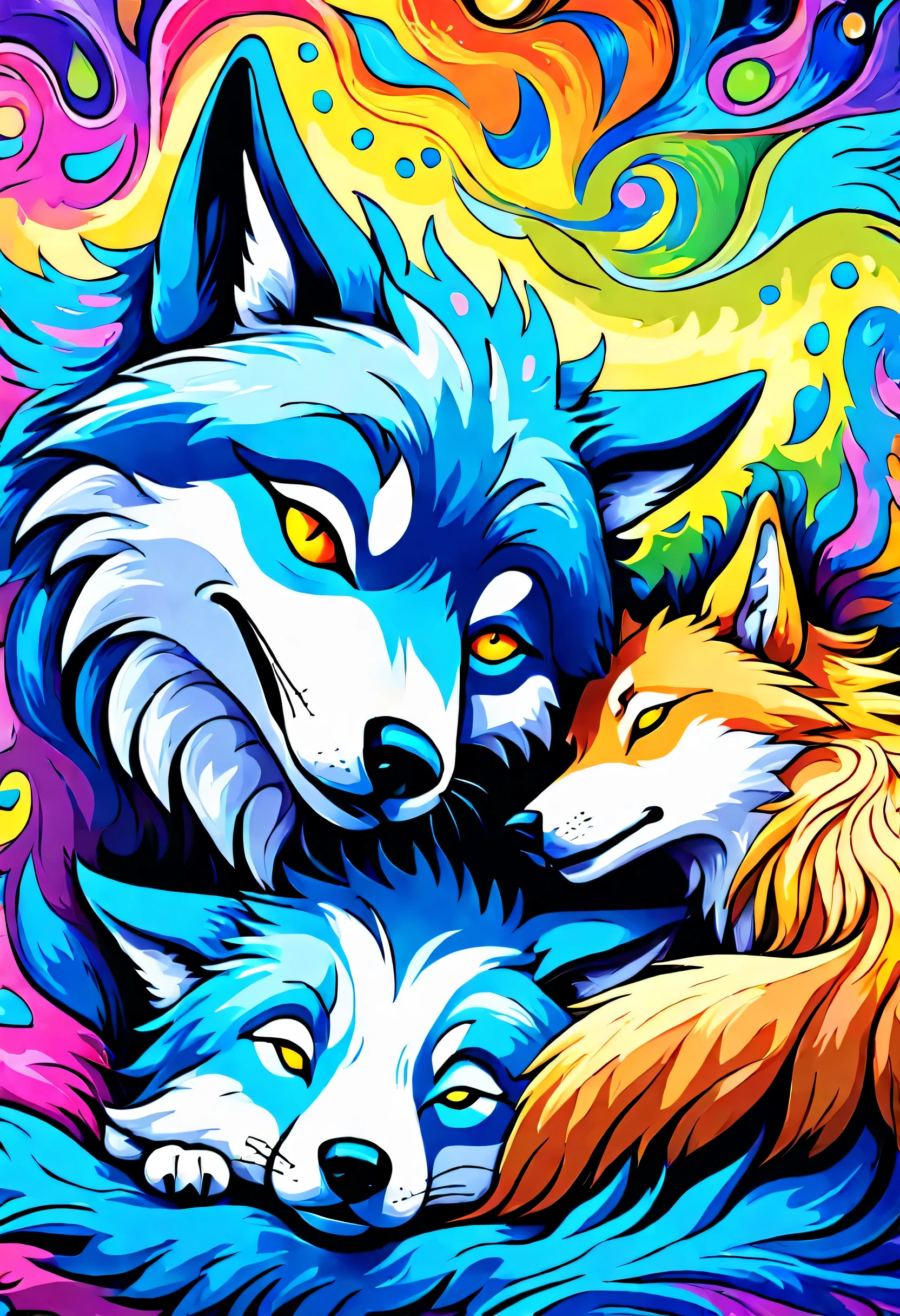 Sleep with your own bushy tail as a pillow wolf, on backdrop energy splash, backdrop style of abstract expressionism, stunning intricate detail digital painting, display to kaleidoscope display, 16.7 million colors, insane, dark fantasy, cute pop like background, tonal contrast, fine interest effect, (((best quality:1.3))), top quality, slash,