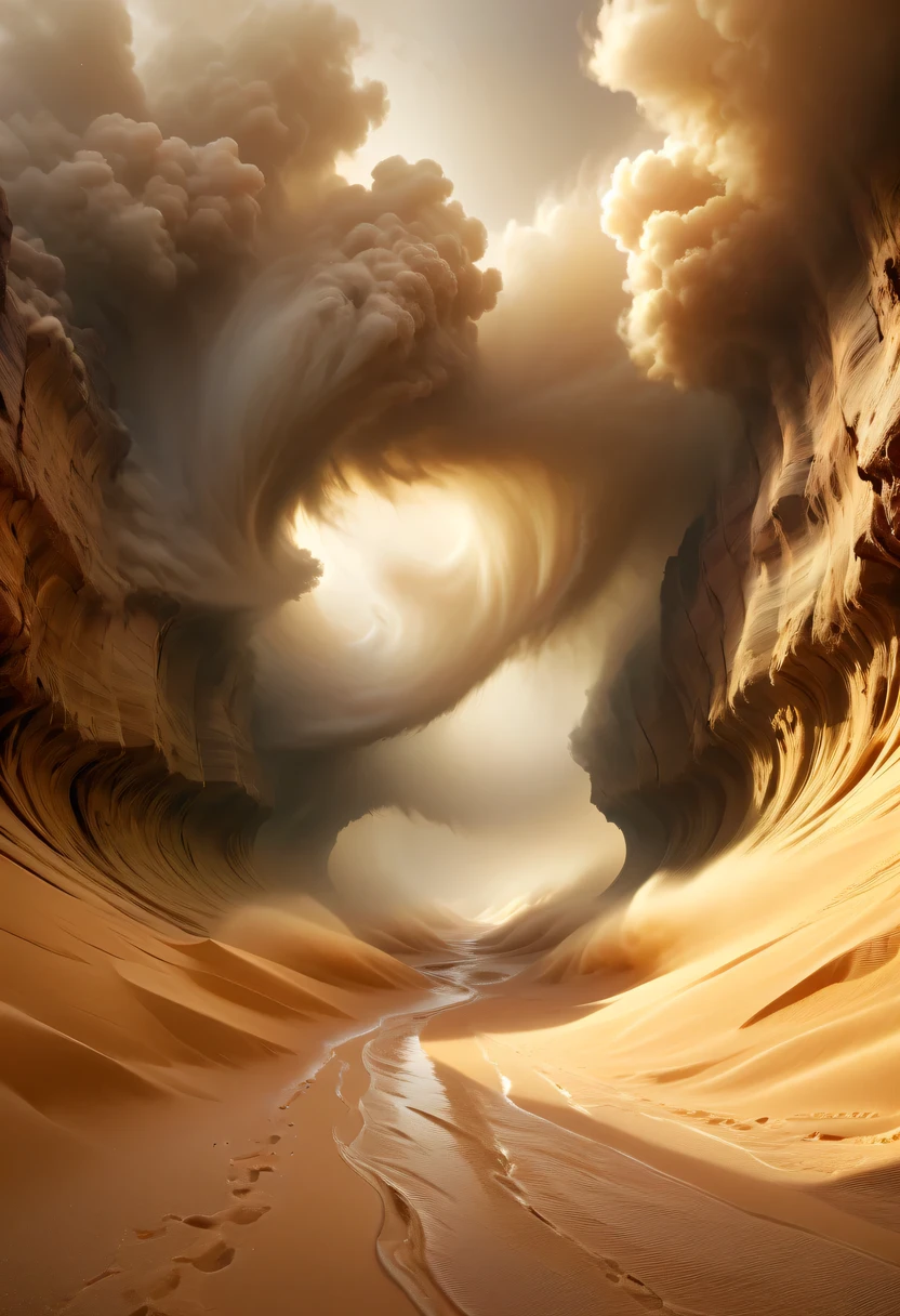 (deep, narrow desert canyon:1.8)，Narrow canyon in the middle of the desert,underground canyon,deep and narrow ravine,(sandstorm，tornado:1.4)，The hurricane rolled up the yellow sand and covered the sky，flying sand，Abandoned houseroken mounds of earth，broken wall，old，weathered，desolated，narrow desert canyon,dramatic scenery,red sandstone formation,huge rock cliff,令人惊叹的景观 in the style of photo realistic landscapes, Stone sculptures, cabin core, Stone, in the style of photo realistic landscapes, cabin core, tumbling wave,decorative background, photo realistic landscapes, large canvas format, 32k Ultra HD, photo, The best qualities of imaginative landscapes,4K,8k,high resolution,masterpiece:1.2),Super detailed,(actual,realistically,realistically:1.37),