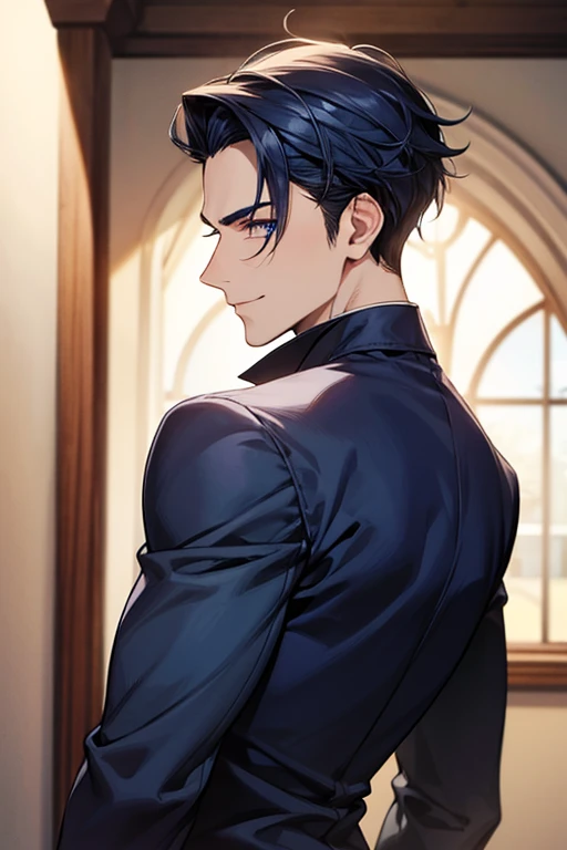 ((muste piece)), ((best quality)), ((brown skin)), ((dark blue eyes)), ((Dark blue hair))、handsome man , ((very very short hair、No bangs、Forehead、all back)), masculine、tall、sexy、Adult man、Three white eyes、handsome man、Kowamote、firmly、muscular、broad shoulders、smile、wild、とてもwild、Angle from top、sharp eyes