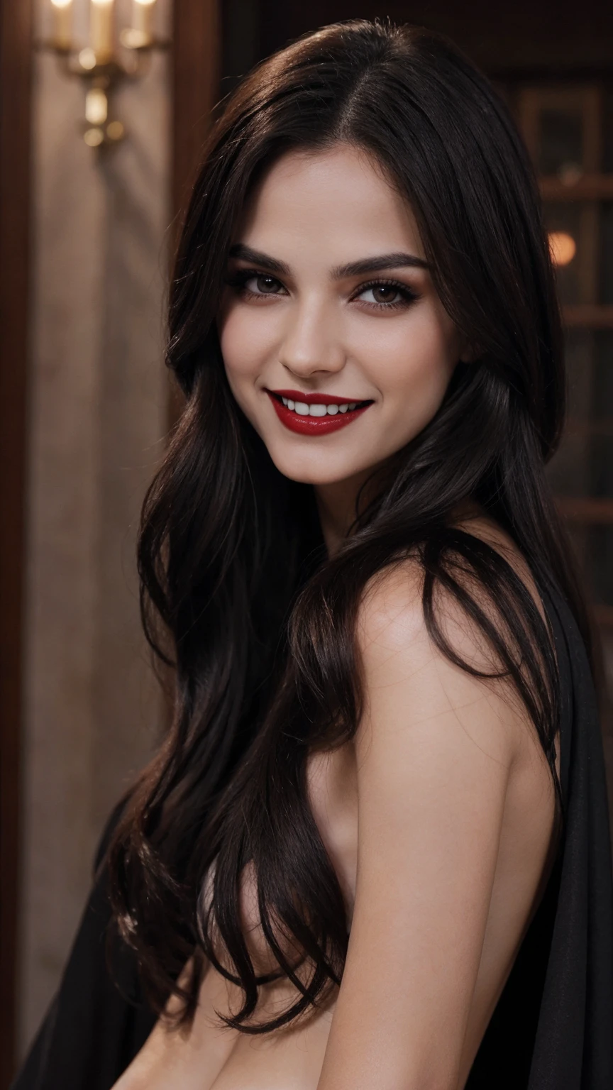 vampiresa sexy, sangre en los labias, labios grandes, sonriendo, colmillos de vampiro,