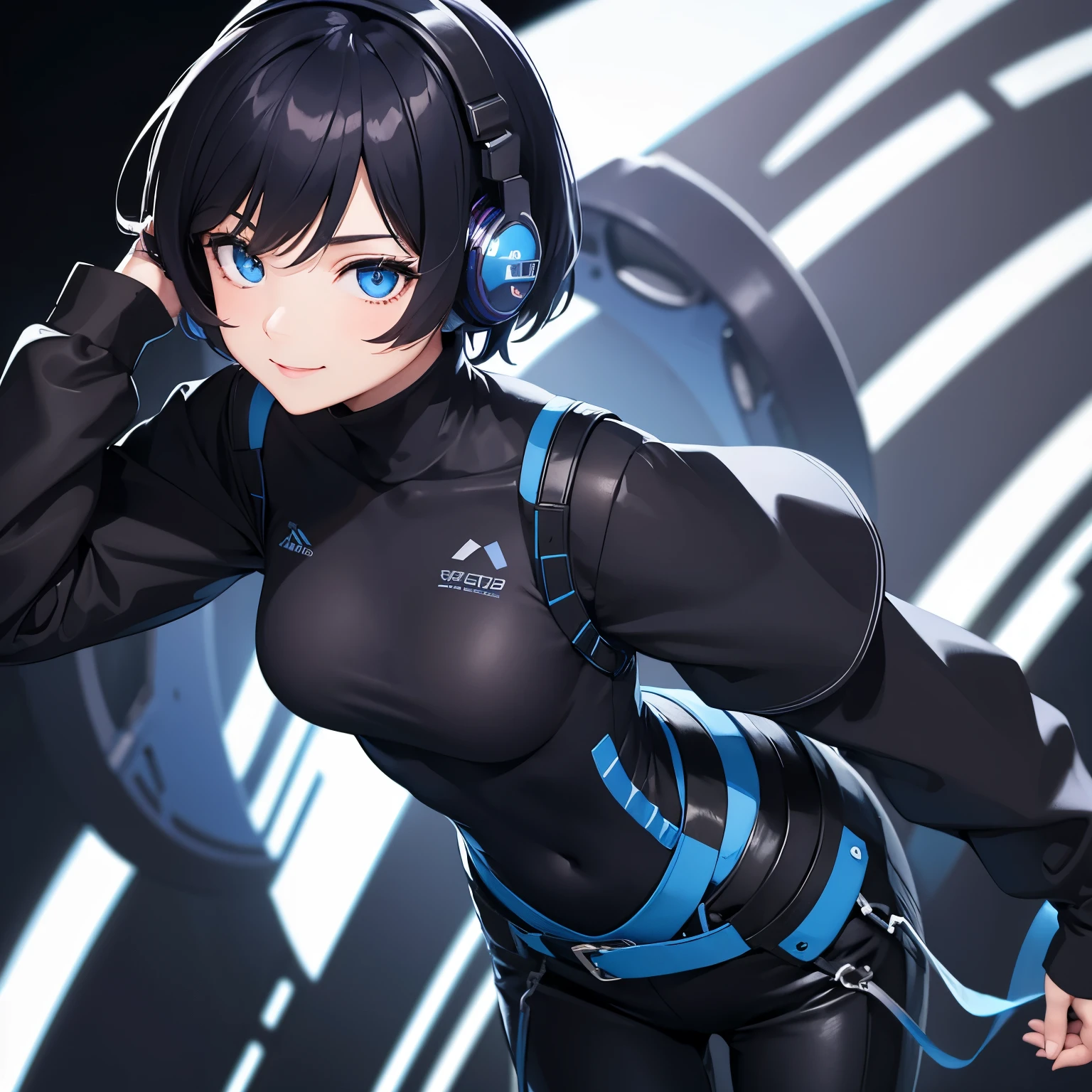 1 girl, asian girl, short hair, blue eyes, use turtle neck girl, facing forward, only from waist to head, black background, hair has a slight blue tint, don't do poses, using headphones, smile