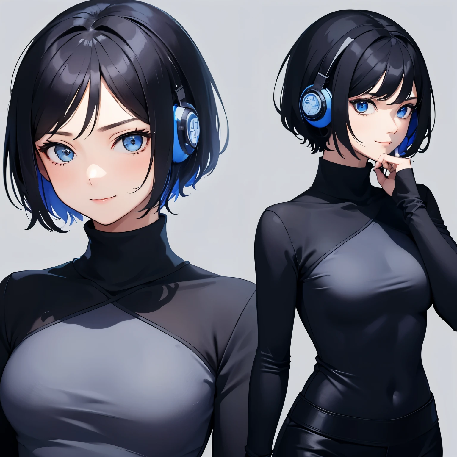 1 girl, asian girl, short hair, blue eyes, use turtle neck girl, facing forward, only from waist to head, black background, hair has a slight blue tint, don't do poses, using headphones, smile
