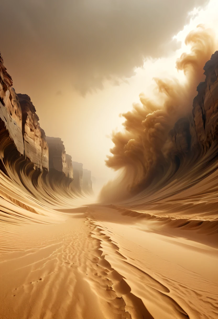 (deep, narrow desert canyon:1.8)，Narrow canyon in the middle of the desert,underground canyon,deep and narrow ravine,(sandstorm，tornado:1.4)，The hurricane rolled up the yellow sand and covered the sky，flying sand，Abandoned houseroken mounds of earth，broken wall，old，weathered，desolated，narrow desert canyon,dramatic scenery,red sandstone formation,huge rock cliff,令人惊叹的景观 in the style of photo realistic landscapes, Stone sculptures, cabin core, Stone, in the style of photo realistic landscapes, cabin core, tumbling wave,decorative background, photo realistic landscapes, large canvas format, 32k Ultra HD, photo, The best qualities of imaginative landscapes,4K,8k,high resolution,masterpiece:1.2),Super detailed,(actual,realistically,realistically:1.37),