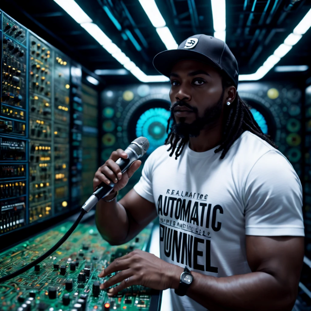 cinematic ((half body)) portrait photo of an afro american 30 y.o. trip-hop rap singer male with ((long)) black rasta hair and mustache and round beard ((speaking in a microphone)) in front of a (((futuristic circuit board tunnel, in perspective view))), wearing (baseball cap ((with text SD )): 1.32) and a (t-shirt ((with the words AUTOMATIC)): 1.32),RealHuman Hands,realistic perfect hands and fingers,(fix_hands),(( standing in various poses)), Award - winning photograph, Masterpiece, 8k, ultra high res, hyper detailed, perfect realistic face, rule of thirds, Realistic Perfect eyes and pupils, Perfect full lips, upturned nose, highly detailed shining hair, ((detailed facial featureinely detailed skin), tanned skin, skin pores, skin blemishes, ((realistic skin texture)), intricate details, photorealism, hyperrealism, ultra realistic, lifelike textures, neutral colors, cinematic lighting, dramatic lighting, soft volumetric light on face, backlight on hair, sharp focus, wide angle, film grain, dslr, raw photo,