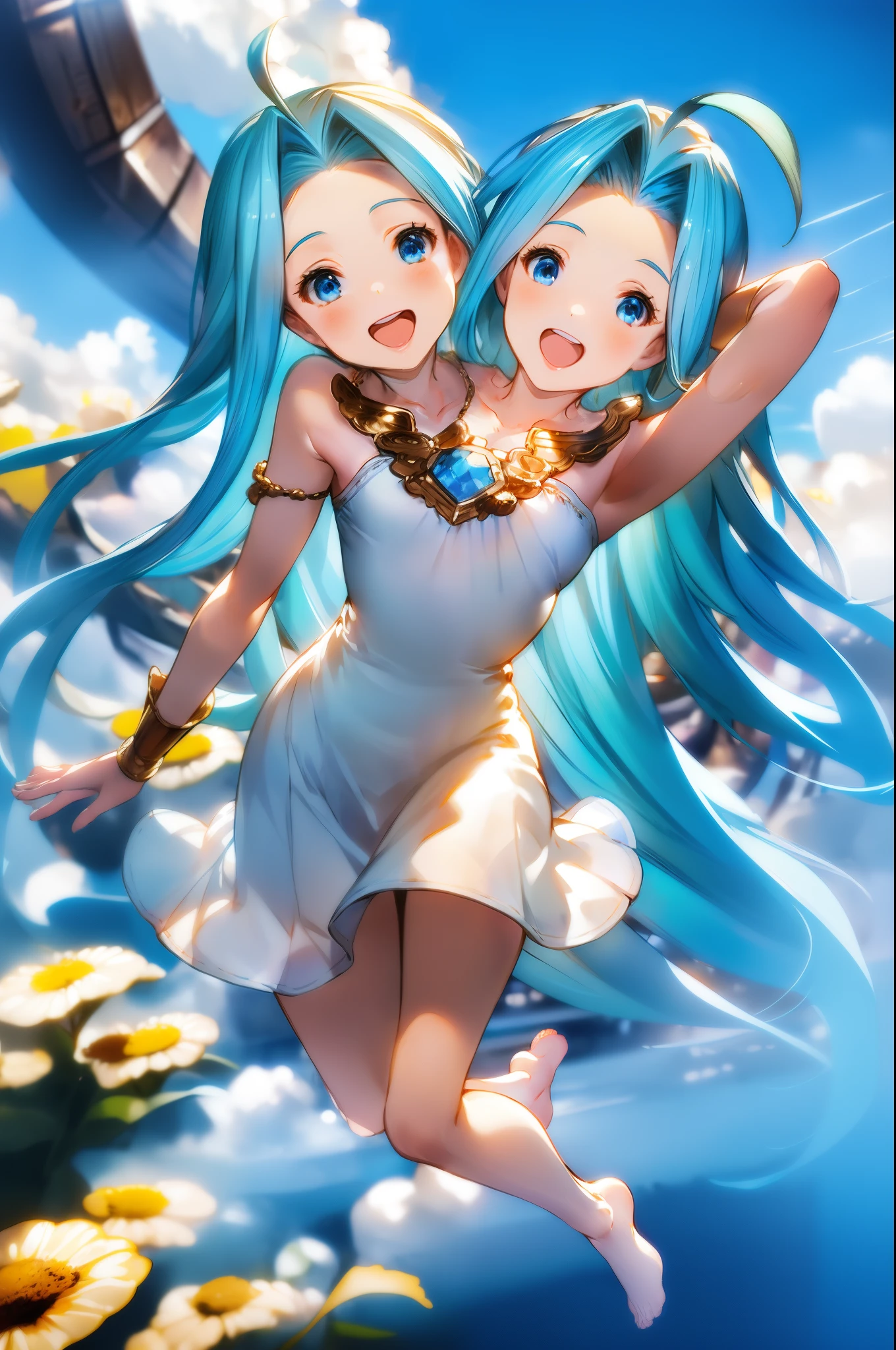 (two heads:1.4), masterpiece, highly detailed,  1girl, solo, full body, lyria_\(granblue_fantasy\), granblue fantasy, aqua hair, shiny hair, very long hair, blue eyes, ahoge, white cami-dress, blue pendant, short skirt, white skirt, bare foot, wedding guntlets, flying, field of deapth, looking at viewer, smile, happy, cloudy sky, blue sky,  bird, spread fingers,