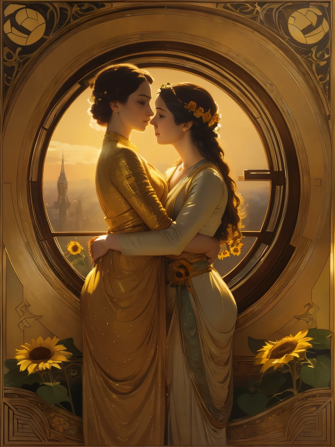 painting of a woman holding a bouquet of sunflowers in front of a golden background, hyperrealistic art nouveau, chie yoshii, andrey remnev, by Yamagata Hiro, mucha klimt and tom bagshaw, inspired by J. C. Leyendecker, inspired by J.C. Leyendecker, inspired by James C. Christensen