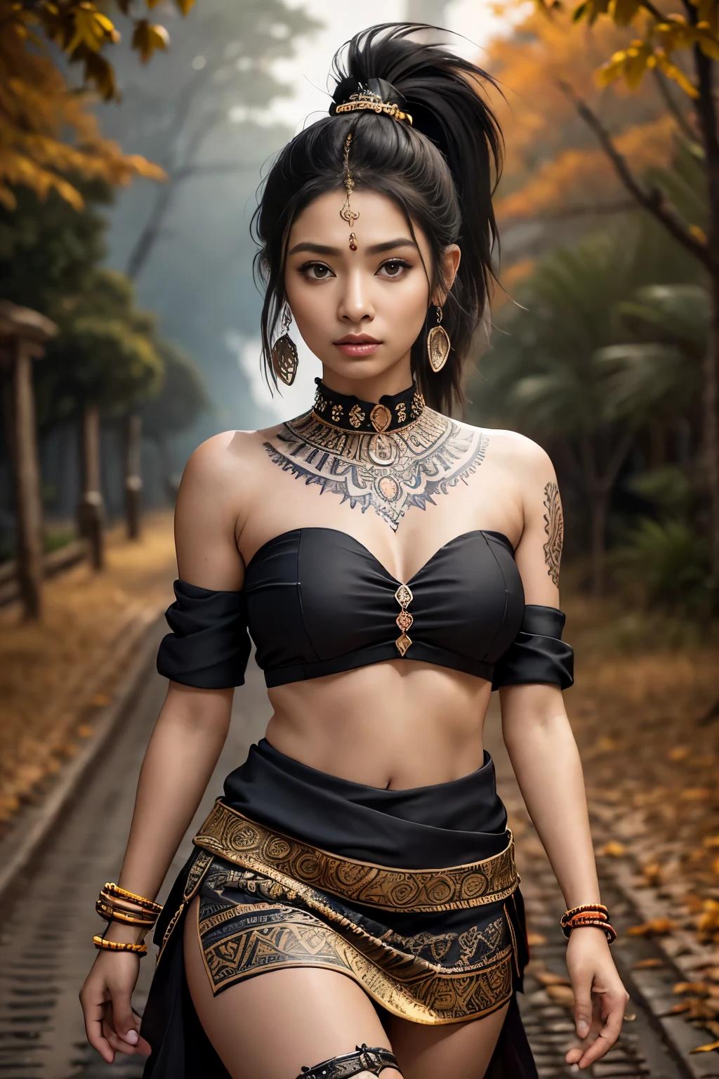 Portrait, beautiful indian tribal girl, masterpiece, 8k, ultra high quality, blur background, ponytail hair, big hazel eyes, tribal outfit, strapless, small skirt, nose ring, tattoed hands, best quality, walking on street, ancient city ruins, autumn forest ultra detailed background, dark rainy sky, perfect anatomy, perfect fingers, ambient lighting, photorealistic