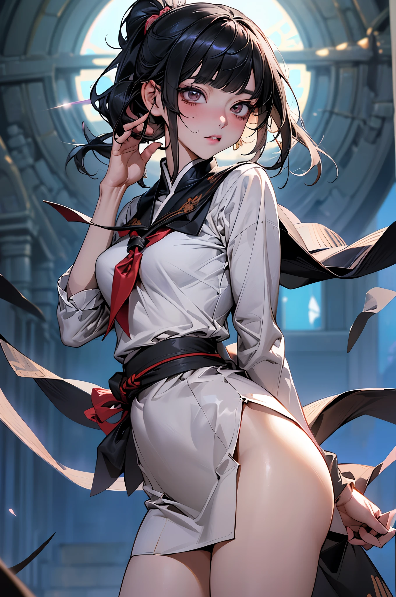 Official art、Best Quality、Unity 8k Wallpapers、32K,masterpiece Best Quality, absurderes, Perfect Anatomy, Unity 8k Wallpapers,best cell anime), Detailed beautiful face and eyes,cowboy shot,(1woman,solo),20歳の美女、日本人、black hair,ponytail:1.2,long hair,blunt bangs,black eyes,(小さい頭、skinny,medium breasts),(学園服姿:1.4,学ラン、プリーツ入り紺色ミニスカート:1.4),学園、