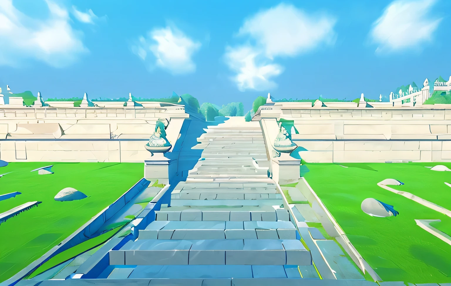 vector style,  eurpean architecture, polished marble stairs in the center, stone wall, well kept green palace garden with stone path in the middle,  very detailed,  blue sky with clouds in the background, no buildings, no palace in the center, warm colors of the sky
