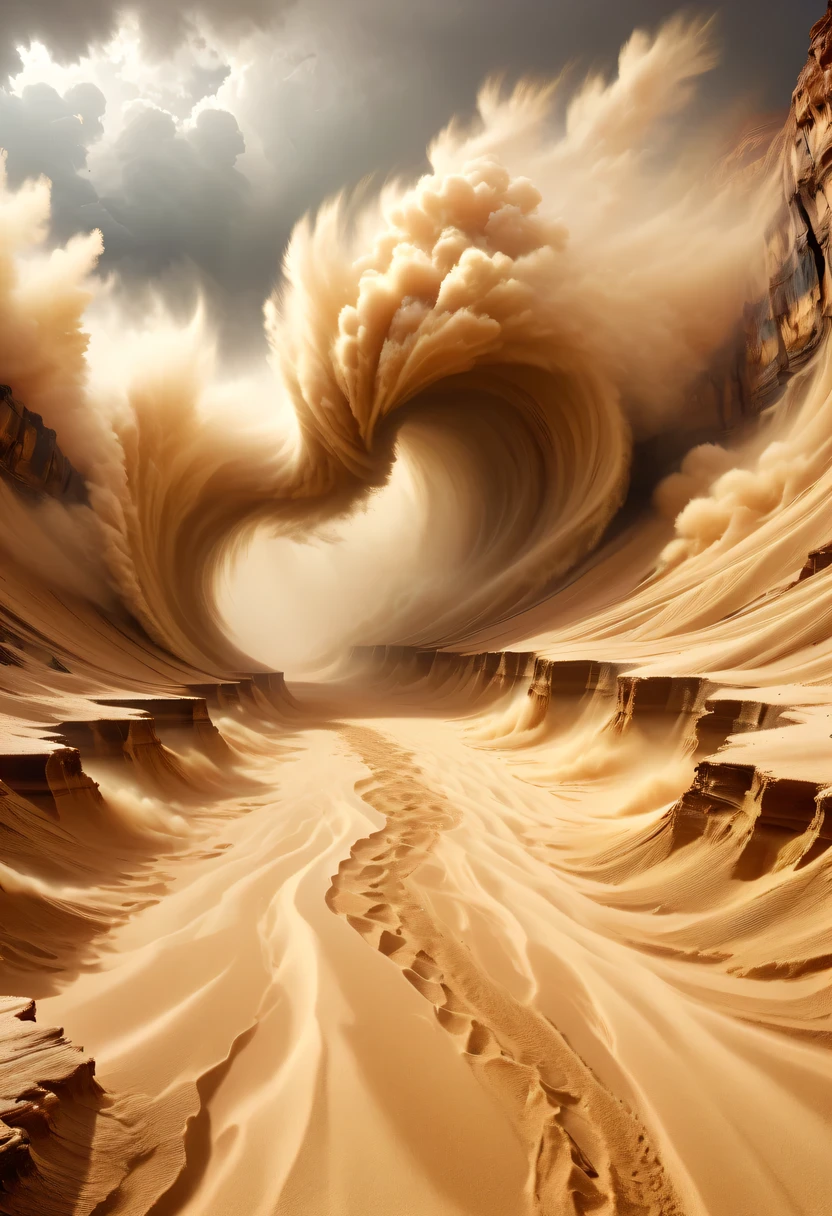 An otherworldly mountain range with peaks sculpted from coffee beans, and valleys filled with swirling liquid coffee lakes. Ral-cofzee, a massive bridge of foam, stretches between two coffee bean cliffs, reflecting the glow of a rising sun. The sky is streaked with steam clouds, as foam birds soar overhead, creating a dreamy, dawn-lit atmosphere.
<lora:ral-cofzee-flux:1>