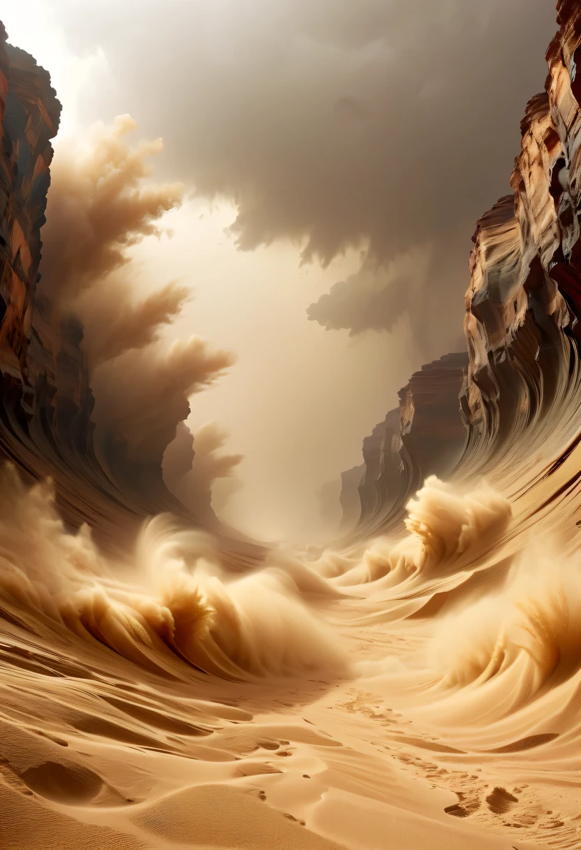 (deep, narrow desert canyon:1.8)，Narrow canyon in the middle of the desert,underground canyon,deep and narrow ravine,(sandstorm，tornado:1.4)，The hurricane rolled up the yellow sand and covered the sky，flying sand，Abandoned houseroken mounds of earth，broken wall，old，weathered，desolated，narrow desert canyon,dramatic scenery,red sandstone formation,huge rock cliff,令人惊叹的景观 in the style of photo realistic landscapes, Stone sculptures, cabin core, Stone, in the style of photo realistic landscapes, cabin core, tumbling wave,decorative background, photo realistic landscapes, large canvas format, 32k Ultra HD, photo, The best qualities of imaginative landscapes,4K,8k,high resolution,masterpiece:1.2),Super detailed,(actual,realistically,realistically:1.37),