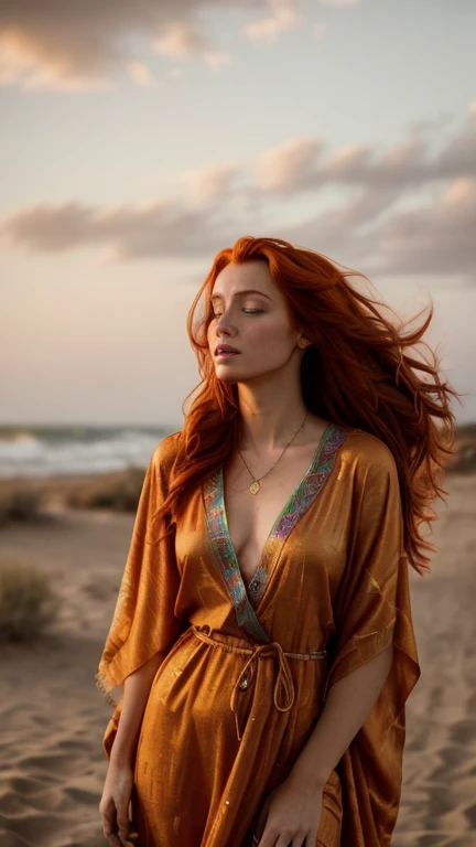 a photograph of a redhead woman with windswept tresses, her hair entangled like flames against a twilight sky, wearing a Moroccan colorful kaftan, emanating untamed beauty