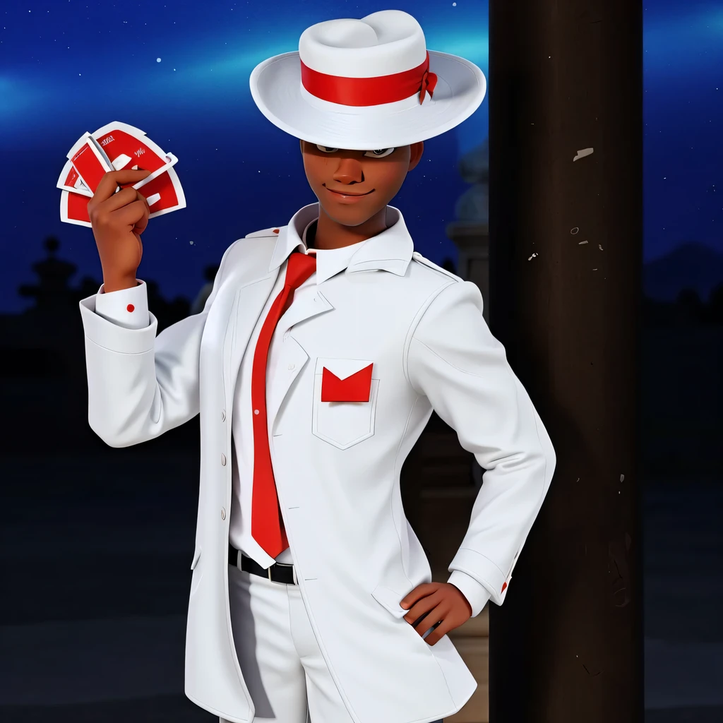 Black man wearing white suit with red tie and white hat with red stripe. A tampa cobre parte do rosto e fica apoiada em um poste