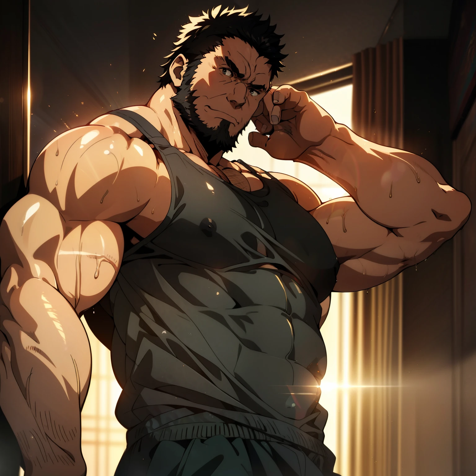 Anime, Um homem alpha poderoso, perverso, nervoso, 40 years old, rei supremo, lorde imponente, wearing very tight wet black tank top, large pectorals, muscular chest, olhando para o espectador, pose sexy, angry facial expression, olhos de cor vermelha, black hair and beard, Obra-prima maravilhosa altamente detalhada, beautiful cinematic light deep focus, elegante, pintura digital, liso, sharp focus, golden ratio, dramatic lighting, 8k, pixiv, bara