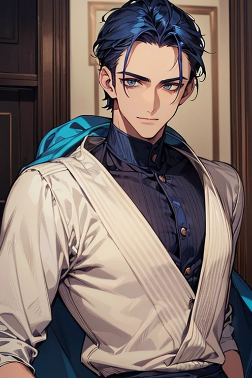 ((muste piece)), ((best quality)), ((brown skin)), ((dark blue eyes)), ((Dark blue hair))、handsome man , ((very very short hair、No bangs、Forehead、all back)), masculine、tall、sexy、Adult man、((Three white eyes))、handsome man、firmly、muscular、broad shoulders、Invincible smile、wild、とてもwild、Angle from top、