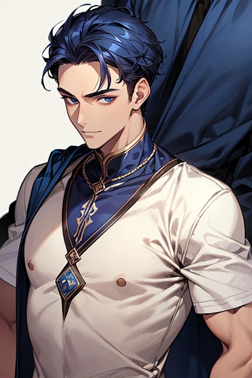 ((muste piece)), ((best quality)), ((brown skin)), ((dark blue eyes)), ((Dark blue hair))、handsome man , ((very very short hair、No bangs、Forehead、all back)), masculine、tall、sexy、Adult man、((Three white eyes))、handsome man、firmly、muscular、broad shoulders、Invincible smile、wild、とてもwild、Angle from top、