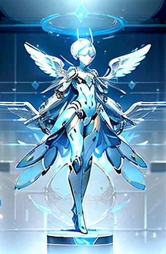 A humanoid robot is floating in the air and looking down, white and metallic in texture, streamlined profile with little ornamentation, A large blue round stone inlaid on chest, ((Three pairs of light blue big wings on its back)), Feminine shape, city, full body, Front view, Highest quality, high image quality