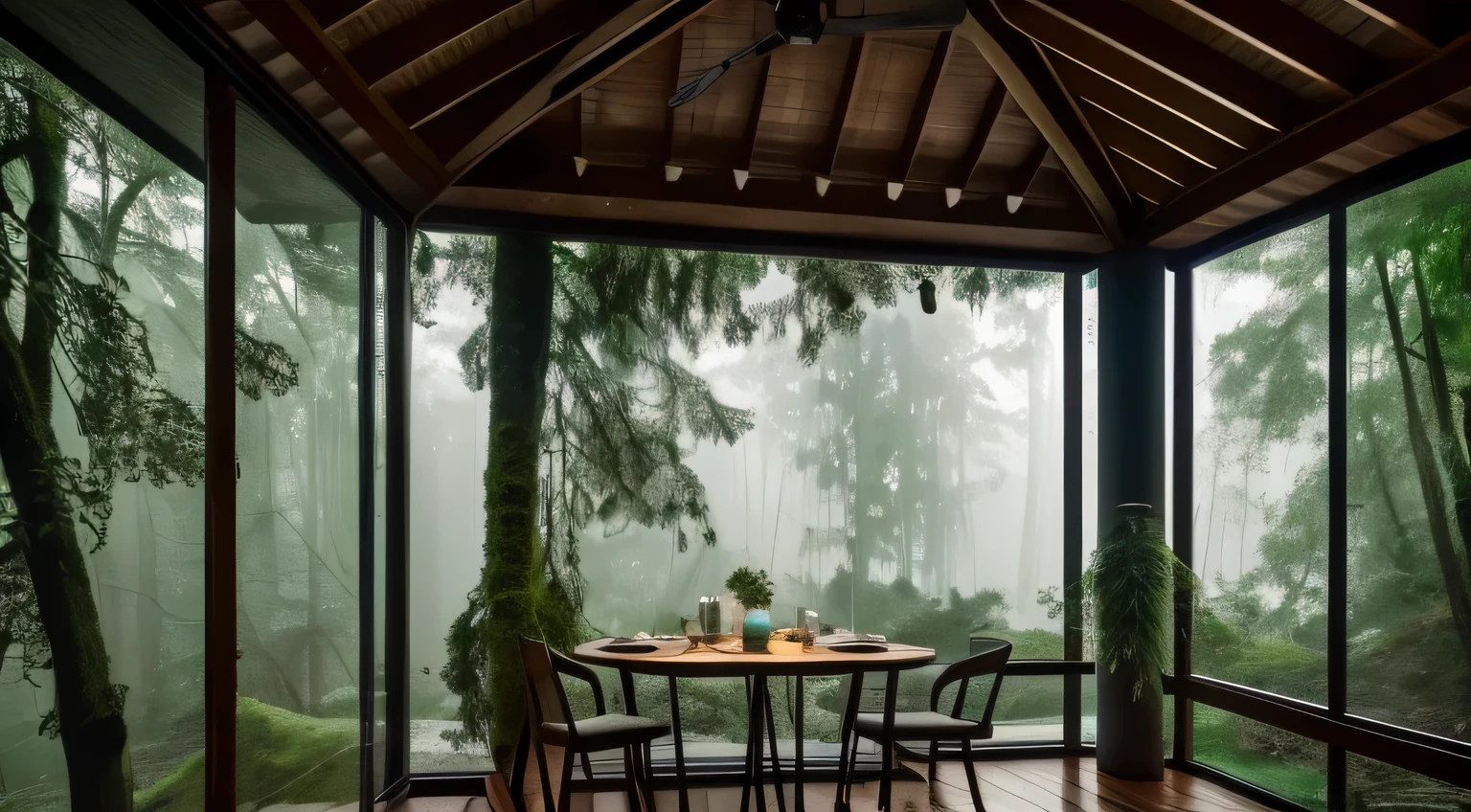 The oak house is nestled in a pine forest,rainy evening,beautiful detailed eyes,beautiful detailed lips,extremely detailed eyes and face,longeyelashes,(best quality,4k,8k,highres,masterpiece:1.2),ultra-detailed,(realistic,photorealistic,photo-realistic:1.37),oil painting,eerie atmosphere,soft color palette,warm golden light,dark shadows,ethereal mood,dense tree branches,wet ground,misty rain,subtle fog,moisture in the air,dripping leaves,shimmering water droplets on the leaves,lush greenery,moss-covered rocks,tranquil surroundings,rustling pine needles,sound of raindrops falling on the roof,cosy interior,crackling fireplace,snug armchair beside the window,bookshelf filled with old volumes,candlelit dinner table,soft music playing in the background,scent of wet earth and pine,peaceful ambiance,refreshing petrichor.