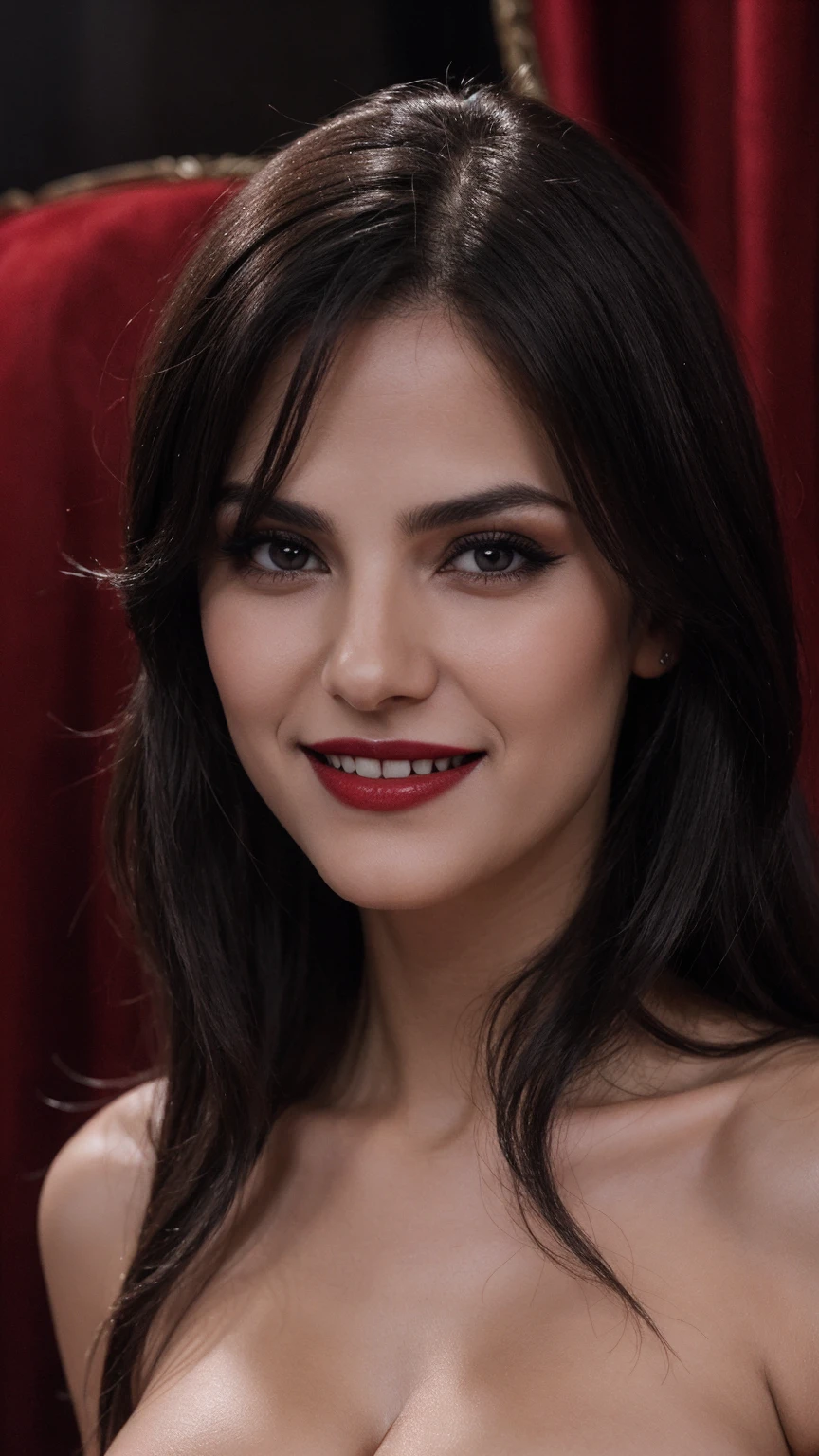 vampiresa sexy, sangre en los labias, labios grandes, sonriendo, colmillos de vampiro,