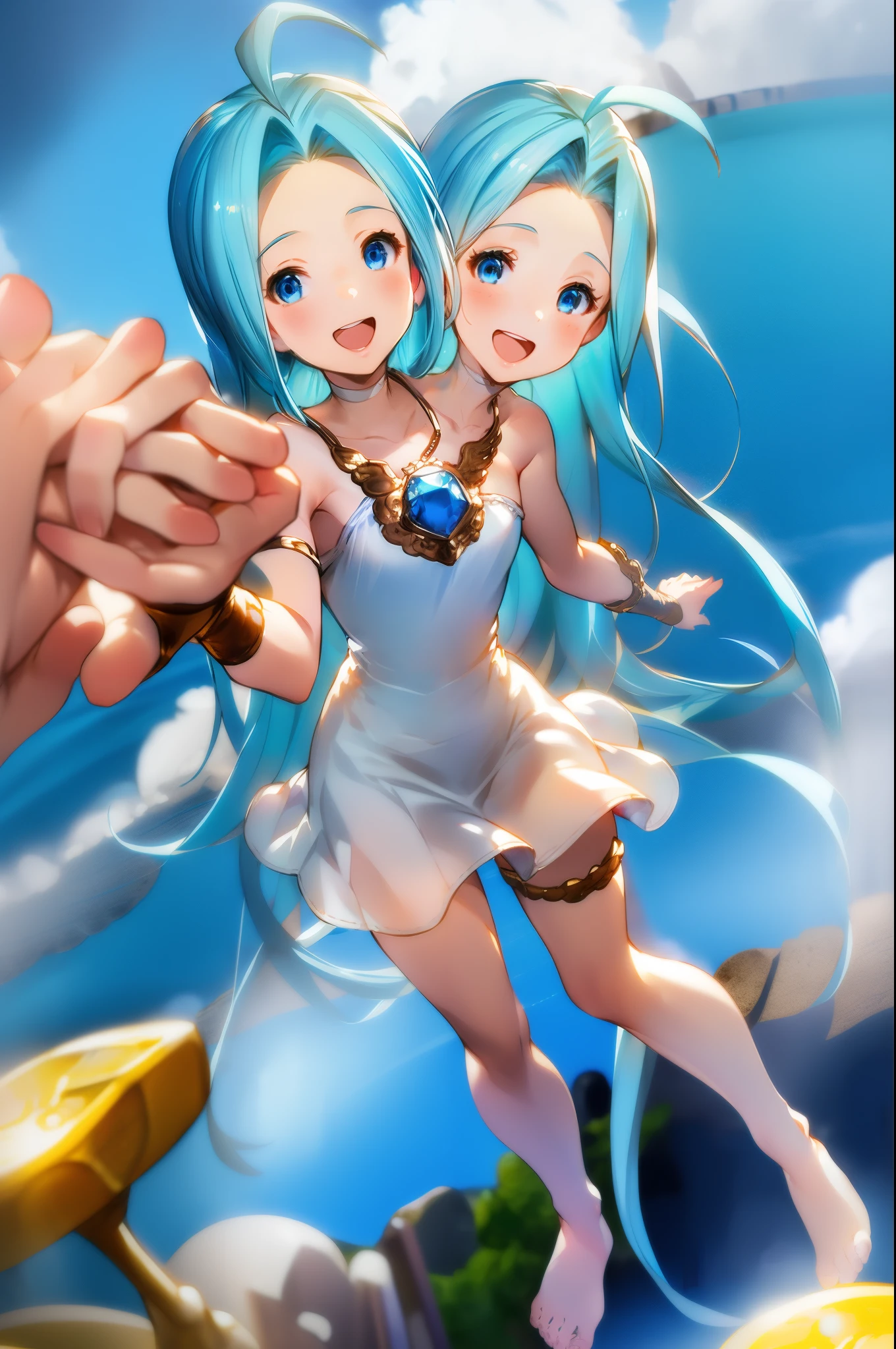 (two heads:1.4), masterpiece, highly detailed,  1girl, solo, full body, lyria_\(granblue_fantasy\), granblue fantasy, aqua hair, shiny hair, very long hair, blue eyes, ahoge, white cami-dress, blue pendant, short skirt, white skirt, bare foot, wedding guntlets, field of deapth, looking at viewer, smile, happy, cloudy sky, blue sky,  bird, pov, holding hands with viewer