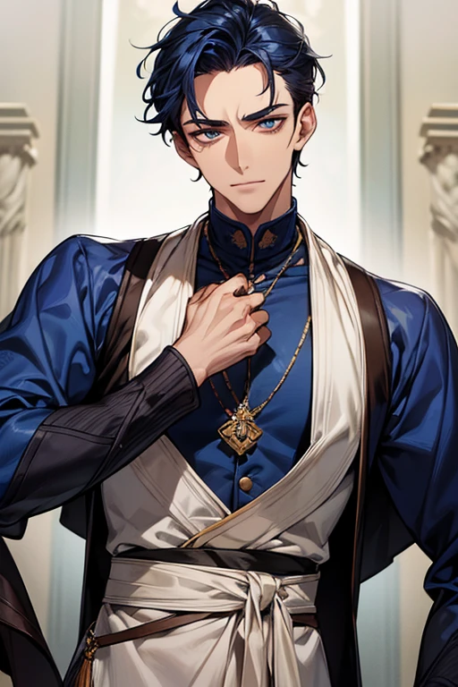 ((muste piece)), ((best quality)), ((brown skin)), ((dark blue eyes)), ((Dark blue hair))、handsome man , ((very very short hair、No bangs、Forehead、all back)), masculine、tall、sexy、Adult man、((Three white eyes))、handsome man、firmly、muscular、broad shoulders、wildな笑み、wild、とてもwild、Angle from top、