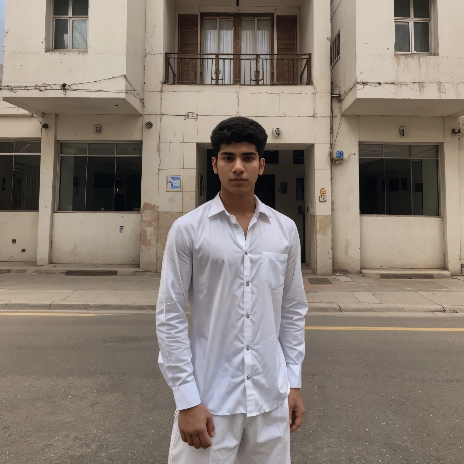 arafed man in white shirt standing in front of a building, trending on dribble, samikshavad, around 1 9 years old, khyzyl saleem, riyahd cassiem, 18 years old, profile pic, kyza saleem, portait photo profile picture, 1 6  old