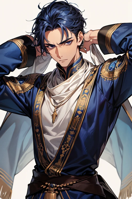 ((muste piece)), ((best quality)), ((brown skin)), ((dark blue eyes)), ((Dark blue hair))、handsome man , ((very very short hair、No bangs、Forehead、all back)), masculine、tall、sexy、Adult man、((Three white eyes))、handsome man、firmly、muscular、broad shoulders、wildな笑み、wild、とてもwild、Angle from top、