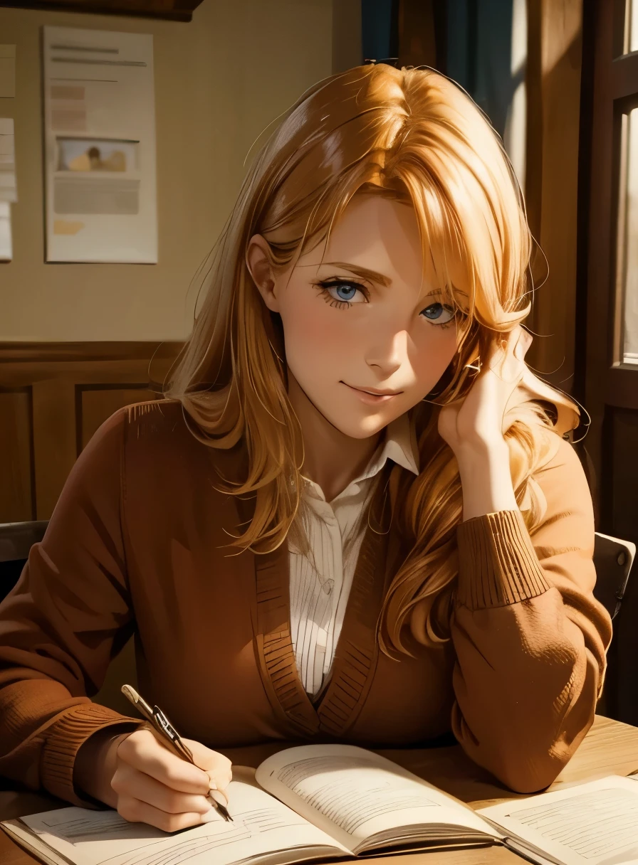 Friendly shy reddish-blond haired woman who is a German tutor.