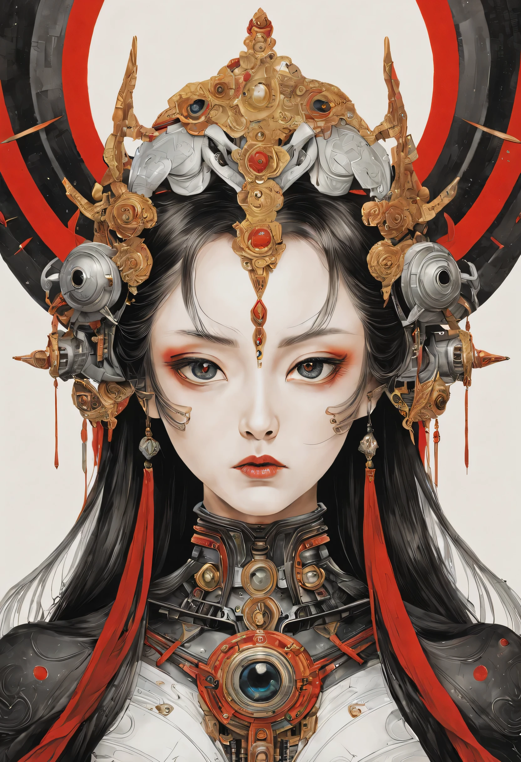 Futuristic native futurism, Actress Zhao Lusi plays the high-level cybernetic cyborg, big breasts, the Japanese goddess of war, sensuality, Artistic details, Cyberpunk Chinese mythology, Epic science fiction fantasy, Centered, In the style of Nick Alm's fantasy futuristic fantasy works, Dark prism, Dark, Metal composition, symmetrical arrangements, Iridescent metallic , distinctive noses, Ethereal, Blood splattered multicolored, eye-catching metallic compositions, Symmetrical geometry, distinctive noses, gothic references, With bold lines and black stripes, White, Red, Gold and silver, Fantasy science fiction art, a detailed painting, ,Alex Alemanni merges with Carol Barker