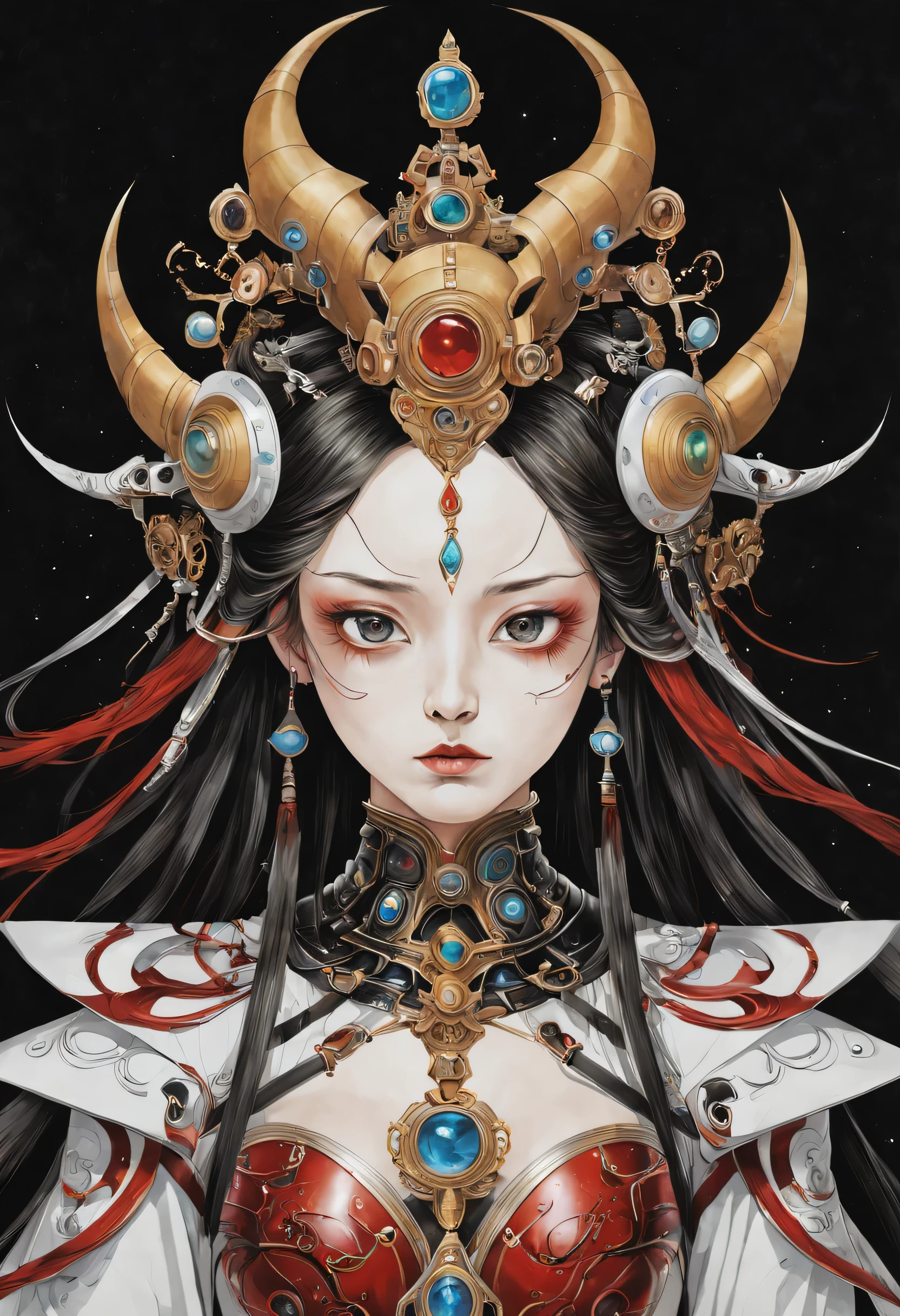 Futuristic native futurism, Actress Zhao Lusi plays the high-level cybernetic cyborg, big breasts, the Japanese goddess of war, sensuality, Artistic details, Cyberpunk Chinese mythology, Epic science fiction fantasy, Centered, In the style of Nick Alm's fantasy futuristic fantasy works, Dark prism, Dark, Metal composition, symmetrical arrangements, Iridescent metallic , distinctive noses, Ethereal, Blood splattered multicolored, eye-catching metallic compositions, Symmetrical geometry, distinctive noses, gothic references, With bold lines and black stripes, White, Red, Gold and silver, Fantasy science fiction art, a detailed painting, ,Alex Alemanni merges with Carol Barker