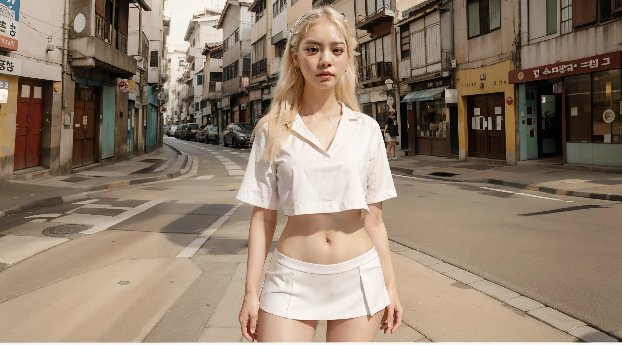 There is a korean girl, porcelain skin, k-pop star, platinum blonde hairs in a short white skirt and white shirt, posando em uma rua urbana, usando um top cropped sexy, menina jovem e bonito, olhar sexy, uma aluna hiperrealista, em uma rua, aluna hiperrealista, roupa muito sexy, vestida como aluna, de uma aluna posando, na rua, Menina sexy usando saia muito curta, roupa indecente