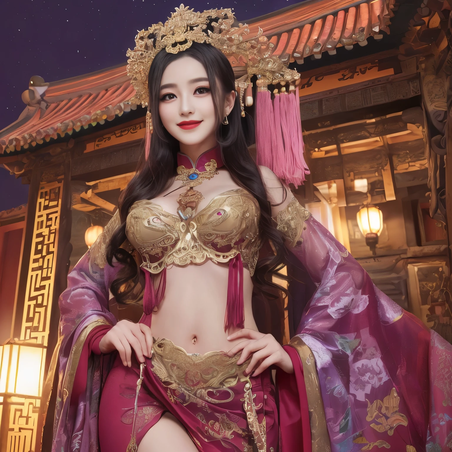 ((top-quality、masutepiece、8K、Top image quality、Highly complex and detailed depictions))、(The most gorgeous Chinese whore goddess:1.1)、Pregnant goddess、((The most gorgeous prostitution goddess huge costume、The most vivid and luxurious Chinese costumes、big long chinese goddess costume、The unimaginably beautiful bedroom of a Chinese goddess、purple and pink gems、(purple and pink goddess bedroom:1.3)、(romantic dark night:1.2)、(pink and purple lighting:1.2)、spectacular movie lighting、A glittering room decorated with jewels、The most sacred and beautiful Chinese goddess'Bedroom、mid night、Very complex decoration、very clear chinese goddess bedroom、(View me、Bewitching smile、Perfect makeup、long eyelashes、lipsticks、Pink eyeshadows、perfect anatomia、Biggest smile)、(huge beautiful curtains:1.1)、(The most elaborate goddess room:1.2)、(Professionally designed, Room interior with a sense of unity:1.3)