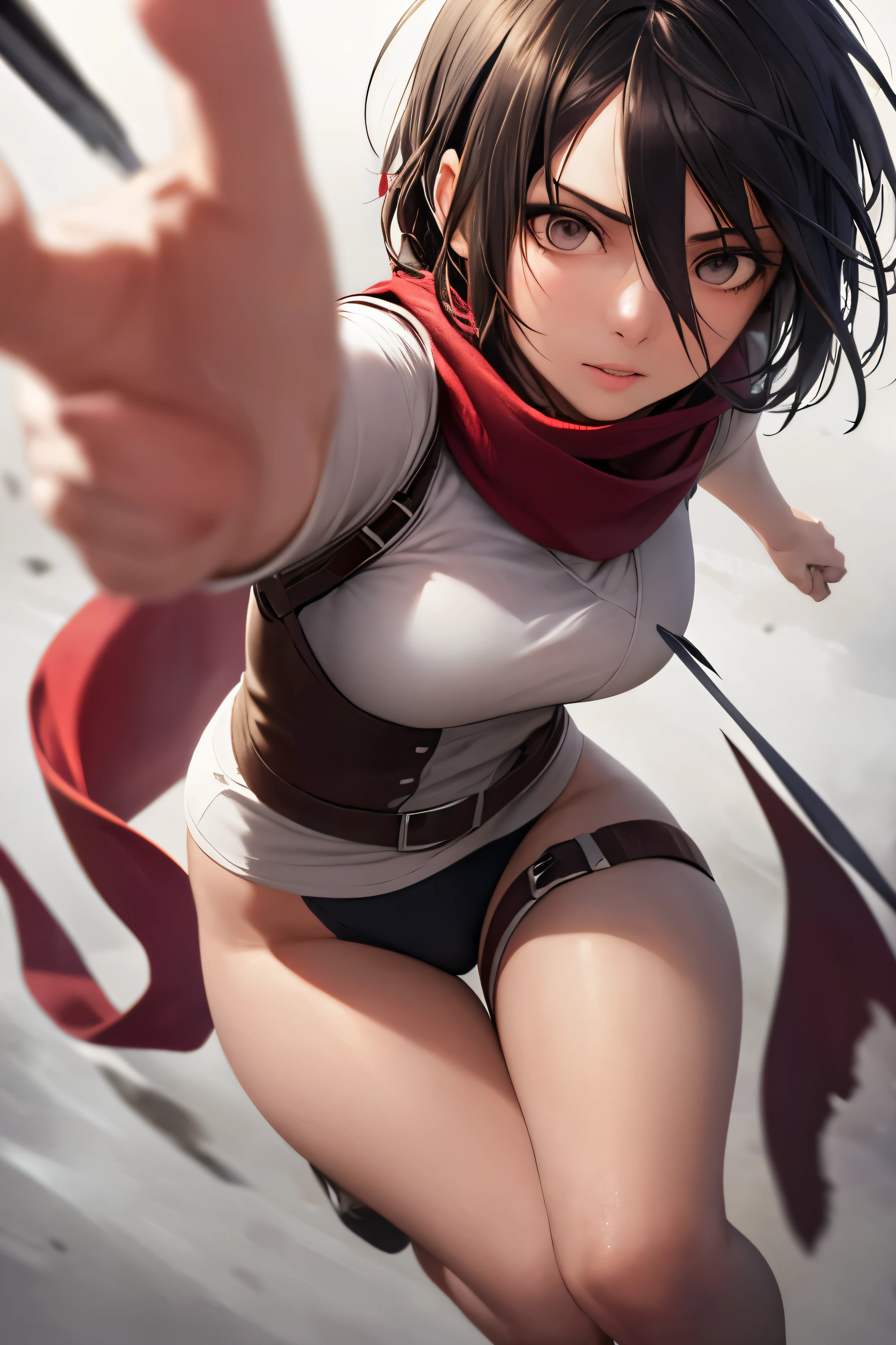 ((best quality)), ((masterpiece)), ((Realistic)), ((eyes on view)), anatomy, 1girl, Mikasa Ackerman, Hair between the eyes, Short hair, Gray eyes, beautifull face, full body, short red scarf around the neck, action angle, ((dynamic poses))