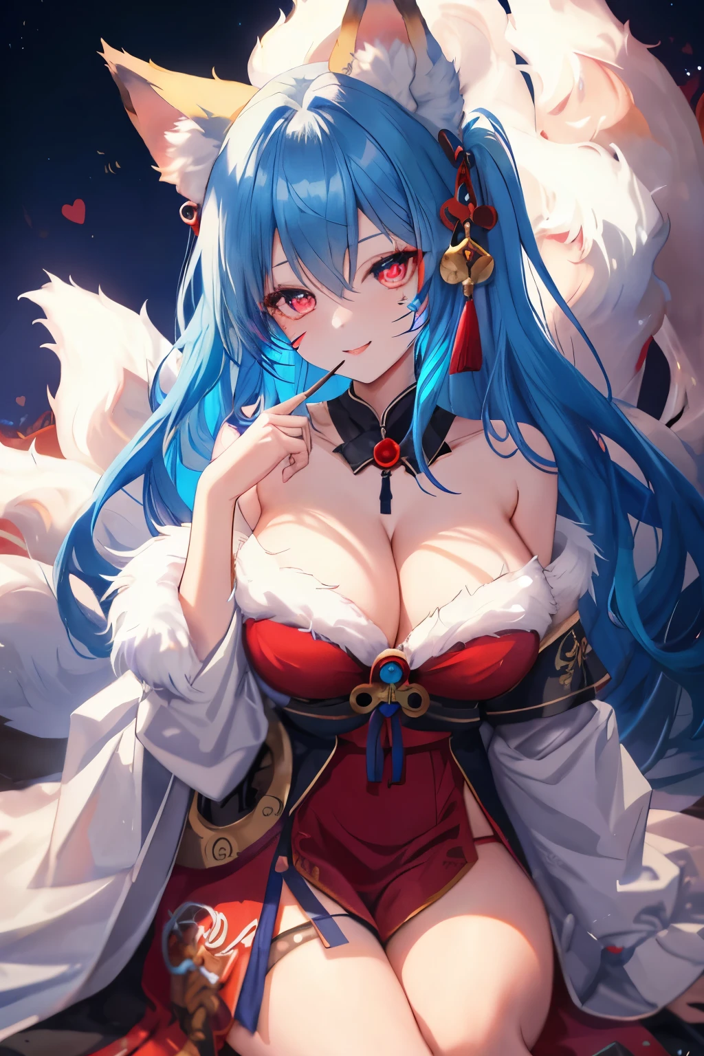 1girl, kitsune, fox ears. 6 fox tails behind her, blue hair, long hair, blue fur, big breasts, sexy, atractive, ((blue facial mark)), red eyes, messy hair, medieval dress, red dress, corse, (seductive smile), horny, heart-shaped pupils
