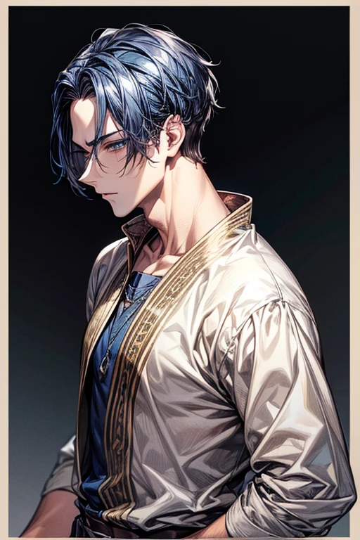 ((muste piece)), ((best quality)), ((brown skin)), ((dark blue eyes)), ((Dark blue hair))、handsome man , ((very very short hair、No bangs、Forehead、all back)), masculine、tall、sexy、Adult man、((Three white eyes))、handsome man、firmly、muscular、broad shoulders、wildな笑み、wild、とてもwild、Angle from top、