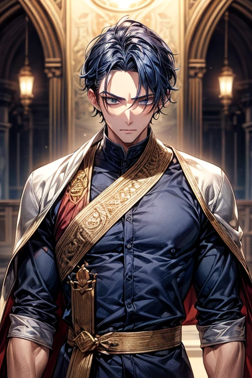 ((muste piece)), ((best quality)), ((brown skin)), ((dark blue eyes)), ((Dark blue hair))、handsome man , ((very very short hair、No bangs、Forehead、all back)), masculine、tall、sexy、Adult man、((Three white eyes))、handsome man、firmly、muscular、broad shoulders、wildな笑み、wild、とてもwild、Angle from top、