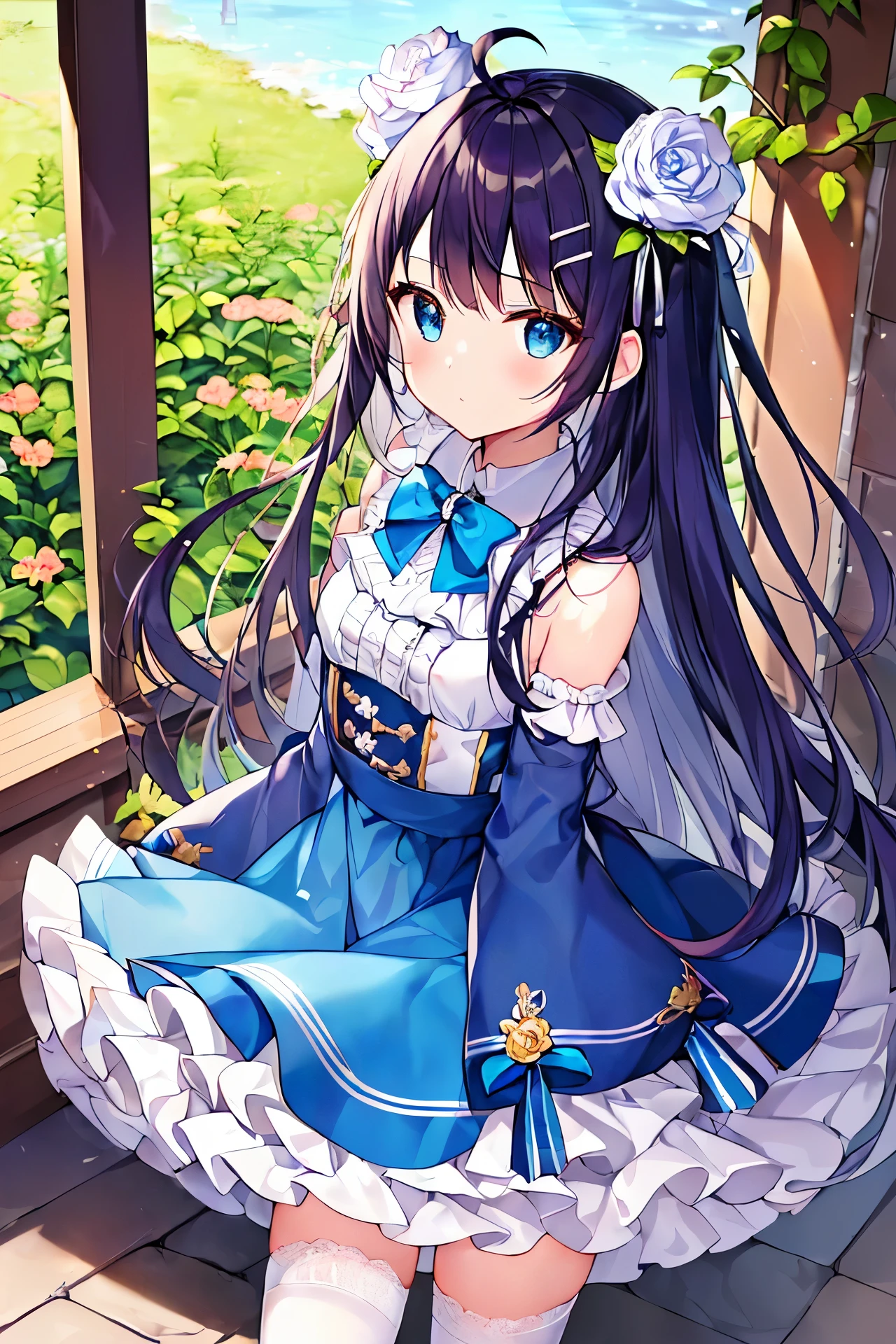 (((masterpiece))), (((Best Quality))), (((high quality))), (((beautiful))), (((8K))), (((highres))), (((absurdres))), (((exquisite))), (((Ultra high definition))), (((High resolution))), (1girl), (Gamine:1.5), (Little Girl:1.4), (Dark blue straight long hair:1.3), (Very long sideburns of dark blue color), (Super long and thick sideburns of dark blue color:1.4), (dark blue bangs with super large splits:1.3), (Simple Hair Clip:1.3), (ahoge:1.4), (Small blue eyes:1.2), (A little sagging eyes:1.3), (Super thick sideburns and super long sideburns:1.1), (Super long and thick sideburns:1.1), (Extra Ultra Flat Chest:1.2), (extremely small breasts:1.2), (白い窓の前に立つ:1.4), (白い窓の前に立つ:1.4), (white theme:1.4), (cute classic dress:1.3), (fusion of white High neck blouse and white classic dress:1.4), ((bare shoulders, no Sleeve):1.3), (white ribbon bow:1.3), (bare arms:1.4), ((lace and tulle Layered skirt with ruffles, crinoline):1.3), (white stockings with floral-lace:1.3), (sheer white lace evening gloves:1.2), (white high heels:1.1), (白い窓から差し込む光:1.4), (白い窓から差し込む光:1.4), (植木鉢の観葉植物:1.4), (植木鉢の観葉植物:1.4), (植木鉢の観葉植物:1.3), (女の子のとても可愛い部屋の中 :1.4), (cowboy shot:1.4)