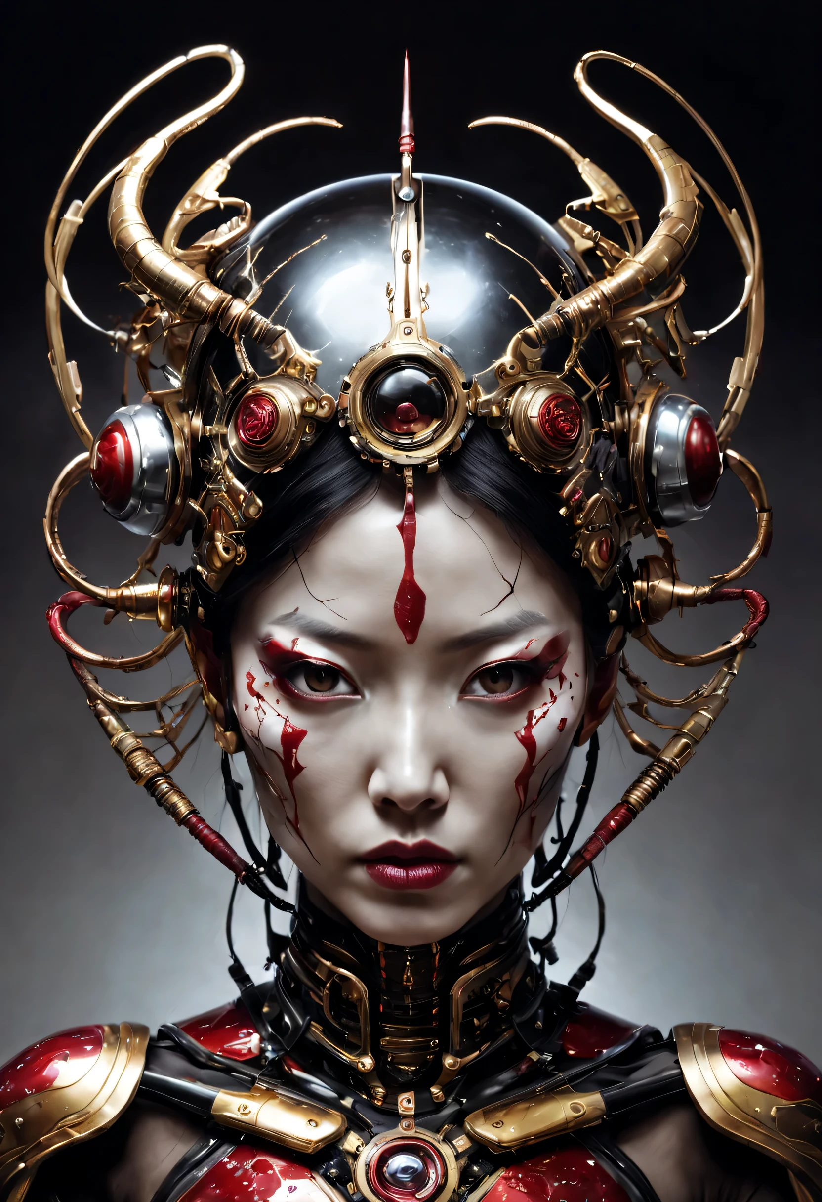 Futuristic native futurism, Actress Zhao Lusi plays the high-level cybernetic cyborg, big breasts, the Japanese goddess of war, sensuality, Artistic details, Cyberpunk Chinese mythology, Epic science fiction fantasy, Centered, In the style of Nick Alm's fantasy futuristic fantasy works, Dark prism, Dark, Metal composition, symmetrical arrangements, Iridescent metallic , distinctive noses, Ethereal, Blood splattered multicolored, eye-catching metallic compositions, Symmetrical geometry, distinctive noses, gothic references, With bold lines and black stripes, White, Red, Gold and silver, Fantasy science fiction art, a detailed painting, ,Alex Alemanni merges with Carol Barker