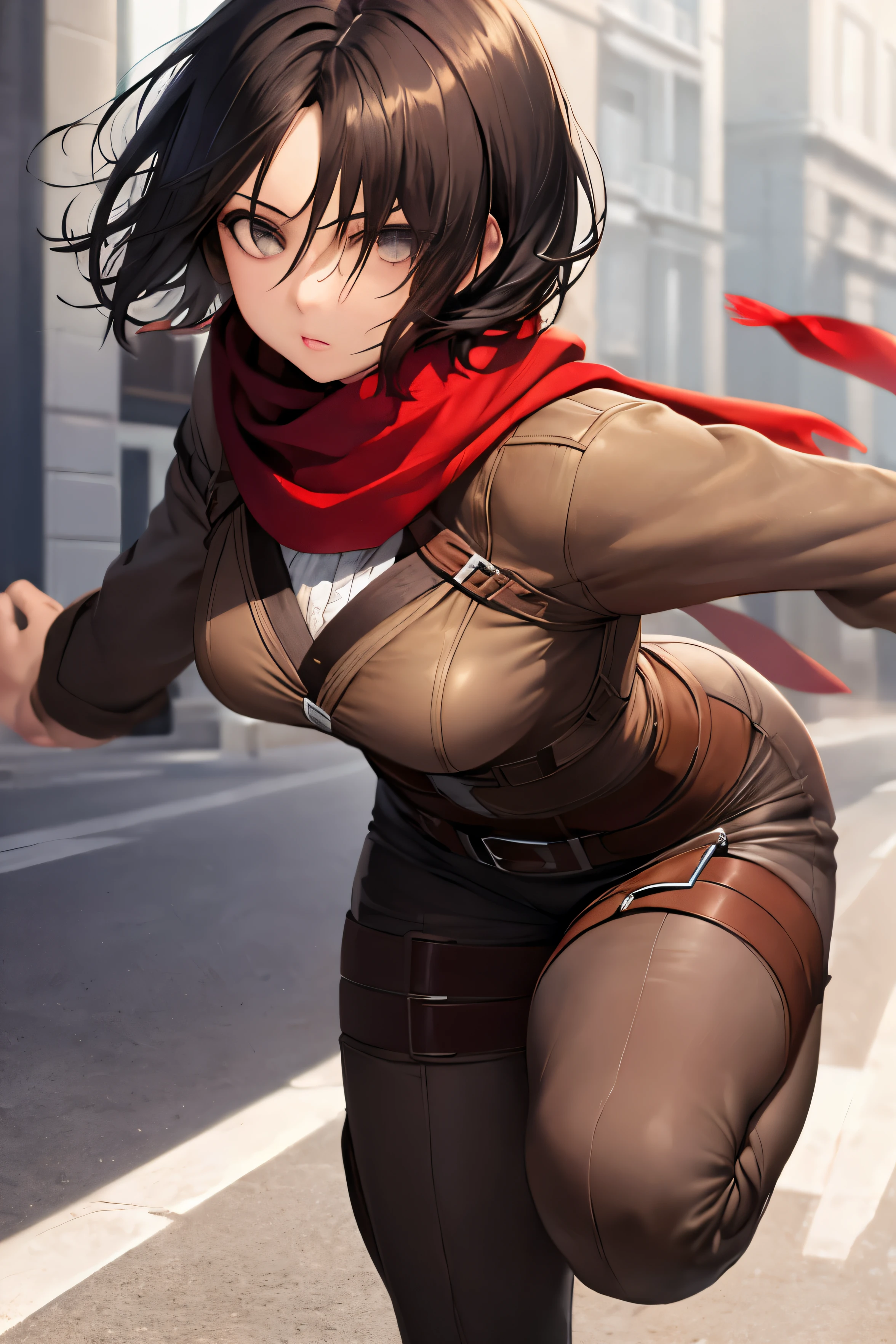((best quality)), ((masterpiece)), ((Realistic)), ((eyes on view)), anatomy, 1girl, Mikasa Ackerman, Hair between the eyes, Short hair, Gray eyes, beautifull face, full body, short red scarf around the neck, action angle, ((dynamic poses))