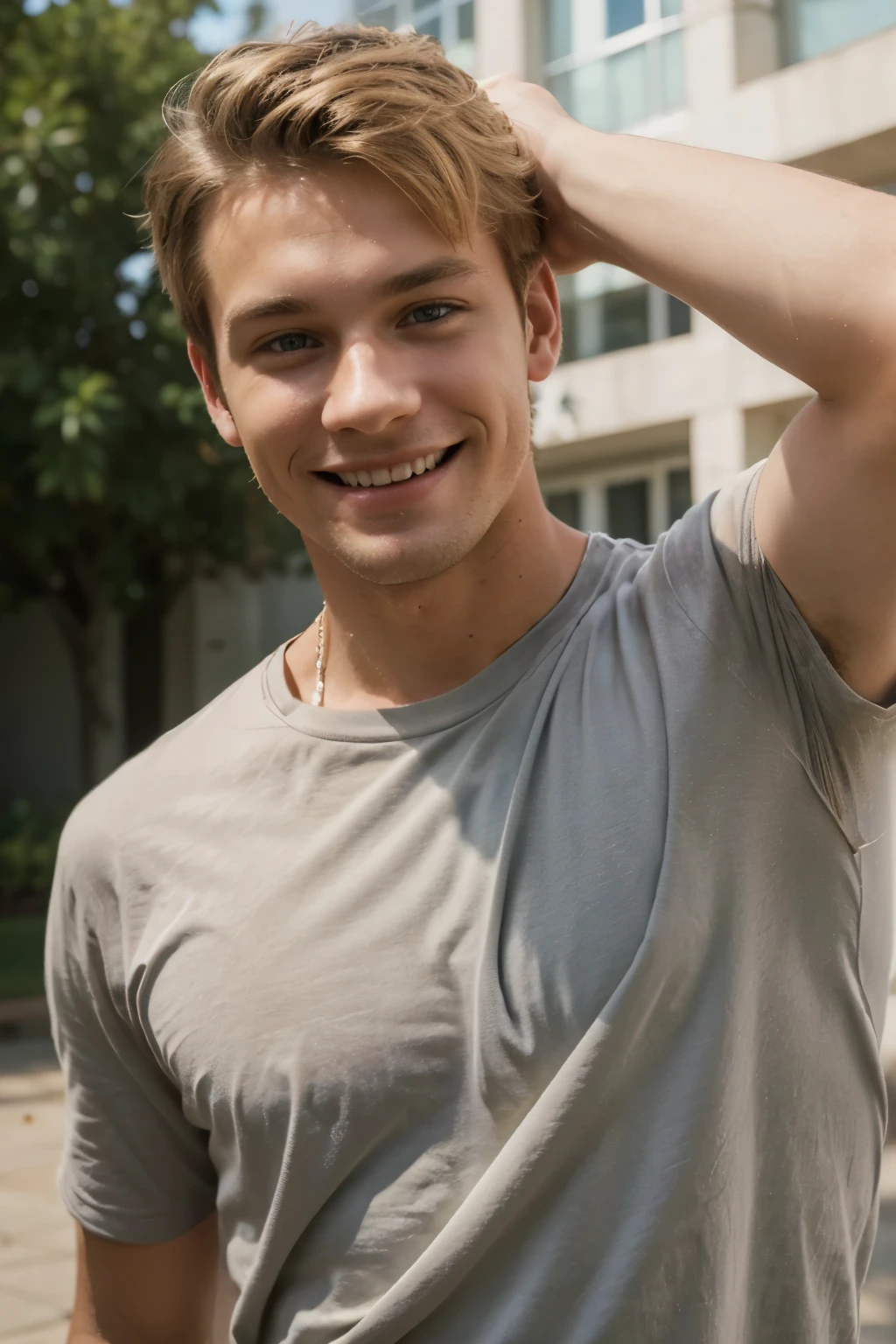 The person in the image is a young man with blonde hair,  He has a friendly and welcoming smile with light facial scruff. His eyes are bright, and he seems to be looking directly at the camera with a playful and engaging expression. The man's skin is fair, and the background is out-of-focus, which suggests that the photo may have been taken outdoors. He is wearing what appears to be a dark-colored shirt, and overall, he gives off a relaxed and cheerful vibe.

