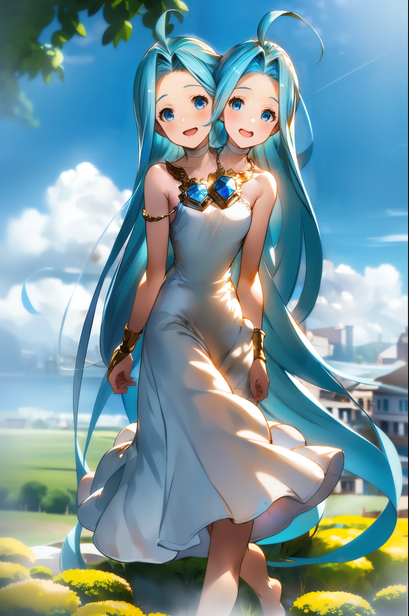 (two heads:1.4), masterpiece, highly detailed,  1girl, solo, full body, lyria_\(granblue_fantasy\), granblue fantasy, aqua hair, shiny hair, very long hair, blue eyes, ahoge, white cami-dress, blue pendant, short skirt, white skirt, bare foot, wedding guntlets, field of depth, looking at viewer, cloudy sky, blue sky,  bird, pov, walking, looking at viewer, medieval town, :)