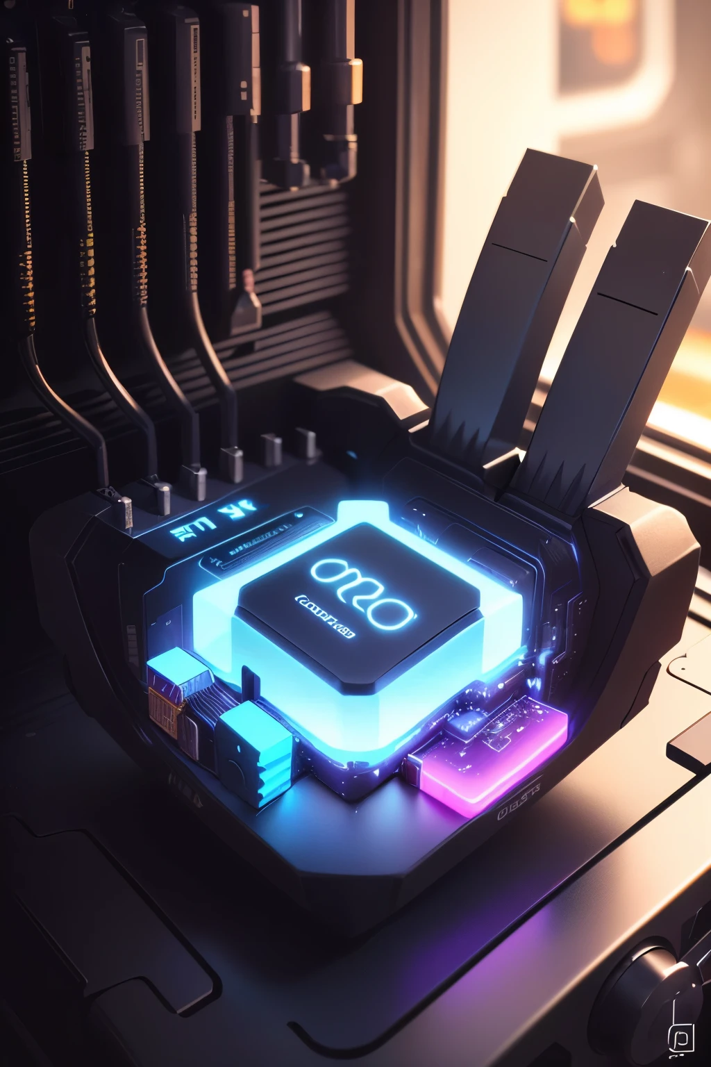 Gere uma imagem visualmente impactante para o post 1 da FrancoSys sobre o Processador (CPU). Highlight the importance of the processor as the 'brain' of the computer. Utilize cores vibrantes, with an emphasis on shades of purple, to convey a feeling of power and performance. Add modern technological elements to enhance aesthetics.