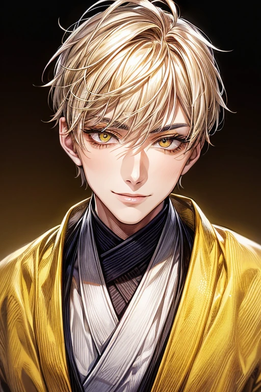 (muste piece), (best quality), extremely detailed, 1 man, solo focus, perfect face, pretty face, highly detailed face,yellow short hair, long yellow eyelashes、yellow eyebrows、Handsome man with expressive eyes, smiling, Yellow eyes、detailed background、kimono
