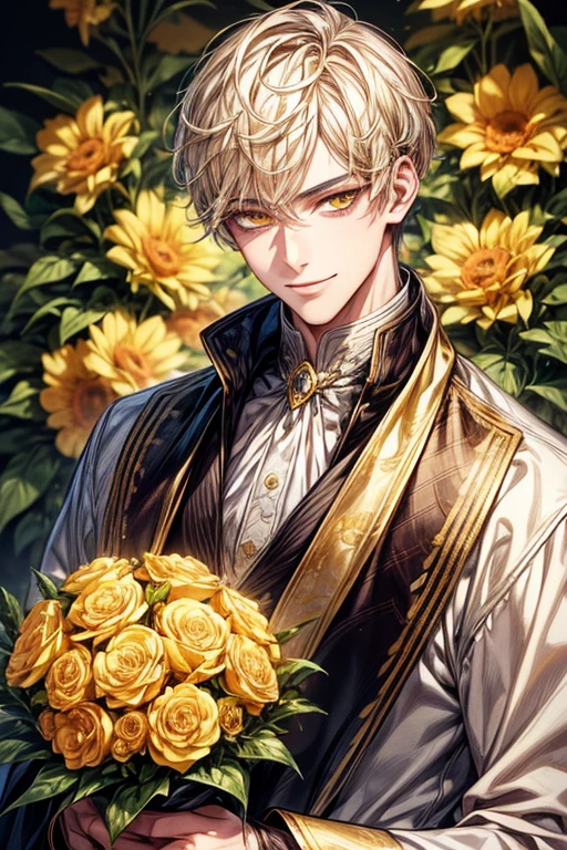 (muste piece), (best quality), extremely detailed, 1 man, solo focus, perfect face, pretty face, highly detailed face,yellow short hair, long yellow eyelashes、yellow eyebrows、Handsome man with expressive eyes, smiling, yellow eyes、detailed background、colored bouquet