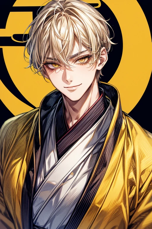 (muste piece), (best quality), extremely detailed, 1 man, solo focus, perfect face, pretty face, highly detailed face，yellow short hair, long yellow eyelashes、yellow eyebrows、Handsome man with expressive eyes, smiling, Yellow eyes、detailed background、hakama、kimono