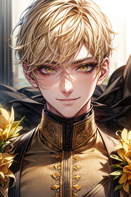 (muste piece), (best quality), extremely detailed, 1 man, solo focus, perfect face, pretty face, highly detailed face,yellow short hair, long yellow eyelashes、yellow eyebrows、Handsome man with expressive eyes, smiling, Yellow eyes、detailed background、