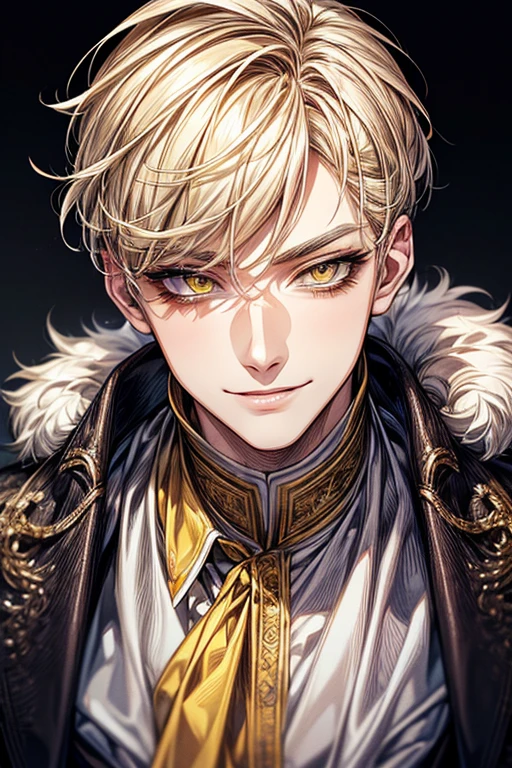 (muste piece), (best quality), extremely detailed, 1 man, solo focus, perfect face, pretty face, highly detailed face,yellow short hair, long yellow eyelashes、yellow eyebrows、Handsome man with expressive eyes, smiling, Yellow eyes、detailed background、