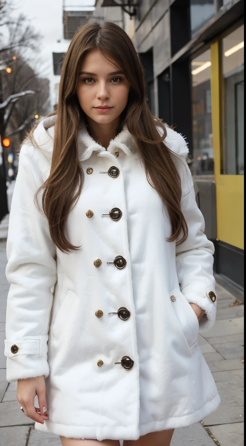 brunete, long hair, 27 years old, scene winter time, dress white fur coats