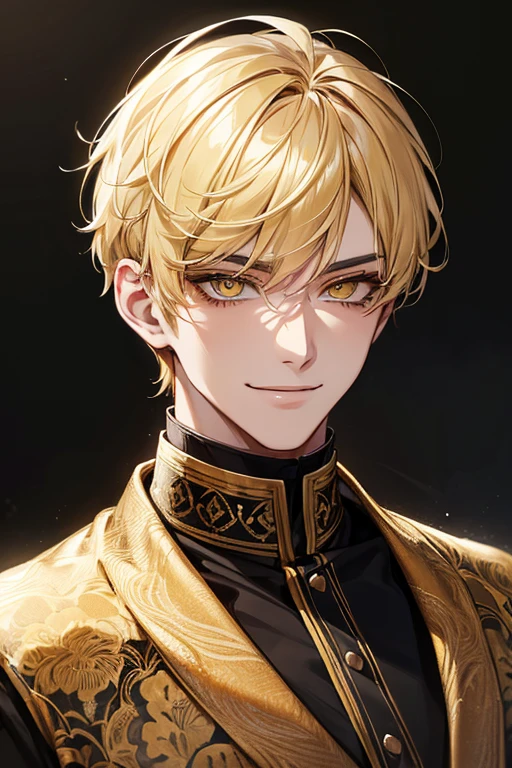 (muste piece), (best quality), extremely detailed, 1 man, solo focus, perfect face, pretty face, highly detailed face,yellow short hair, long yellow eyelashes、yellow eyebrows、Handsome man with expressive eyes, smiling, yellow eyes、detailed background、